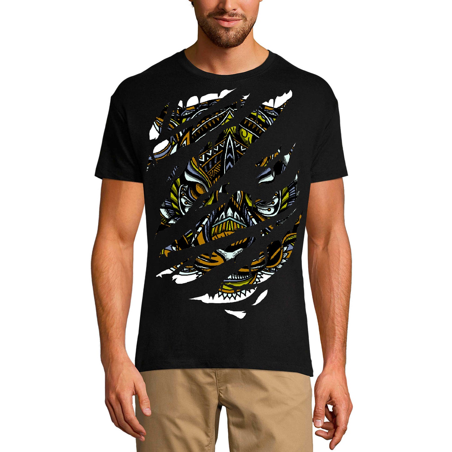 ULTRABASIC Men's Torn T-Shirt Colorful Tiger Totem - Graphic Apparel - Vintage Shirt