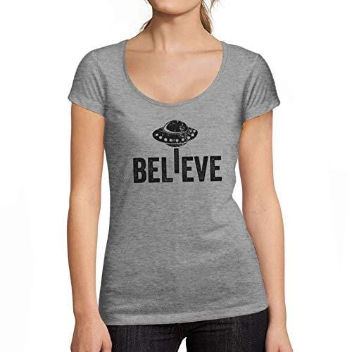 Ultrabasic - Tee-Shirt Femme col Rond Décolleté Believe UFO Alien Gris Chiné