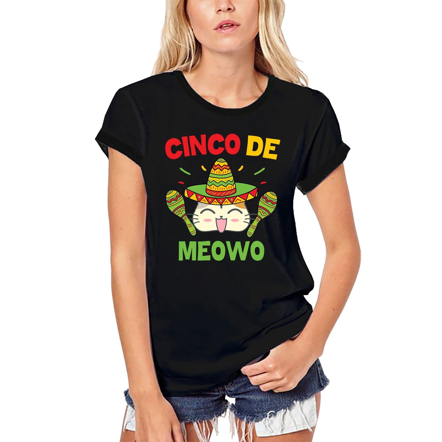 ULTRABASIC Women's Organic T-Shirt Cinco de Meowo - Funny Mexican Cat Tee Shirt - Fiesta Shirt