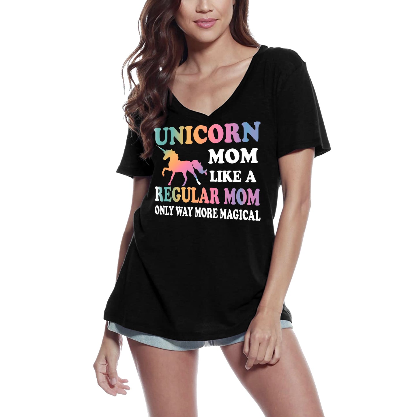 ULTRABASIC Women's V-Neck T-Shirt Unicorn Mom Like a Regular Mom - Funny Quote