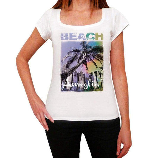 Ameglia Beach Name Palm White Womens Short Sleeve Round Neck T-Shirt 00287 - White / Xs - Casual