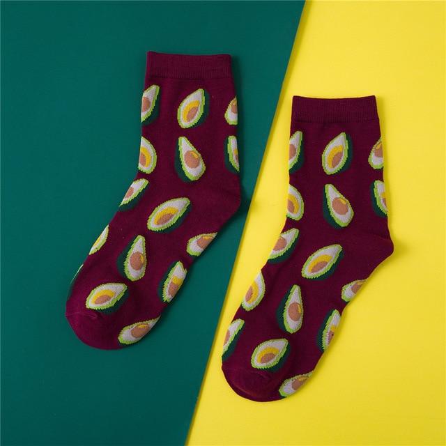 Harajuku Avocado Pineapple Print Cotton Ladies Socks Women Middle Tube Cute Fruits Happy Funny Socks Sox Casual College Wind