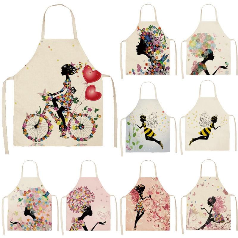 1Pcs Cotton Linen Flower Butterfly Girl Printed Kitchen Aprons for Women Home Cooking Baking Waist Bib Pinafore 53*65cm WQ0034