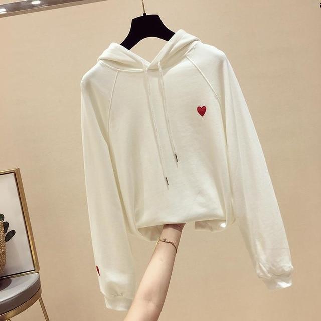 Winter Women Fashion Hoody Sweatshirt Embroidery Harajuku Love Heart Fleece Lady Hoodie Loose Long Sleeve Female Casual Pullover