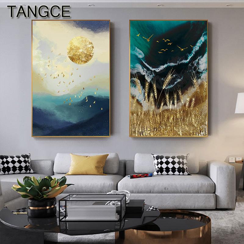 Abstract Gold Field Sun Canvas Painting Golden Foil Poster Print Big Wall Art for Living room Tableaux Cuadros Salon Decoracion