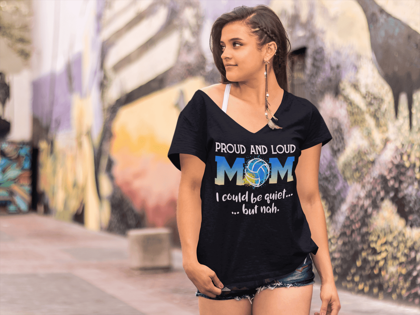 ULTRABASIC Women's V-Neck T-Shirt Proud and Loud Mom - Funny Quote Volleyball